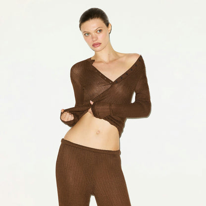 Skims Sheer Knit Long Sleeve Henley Bison