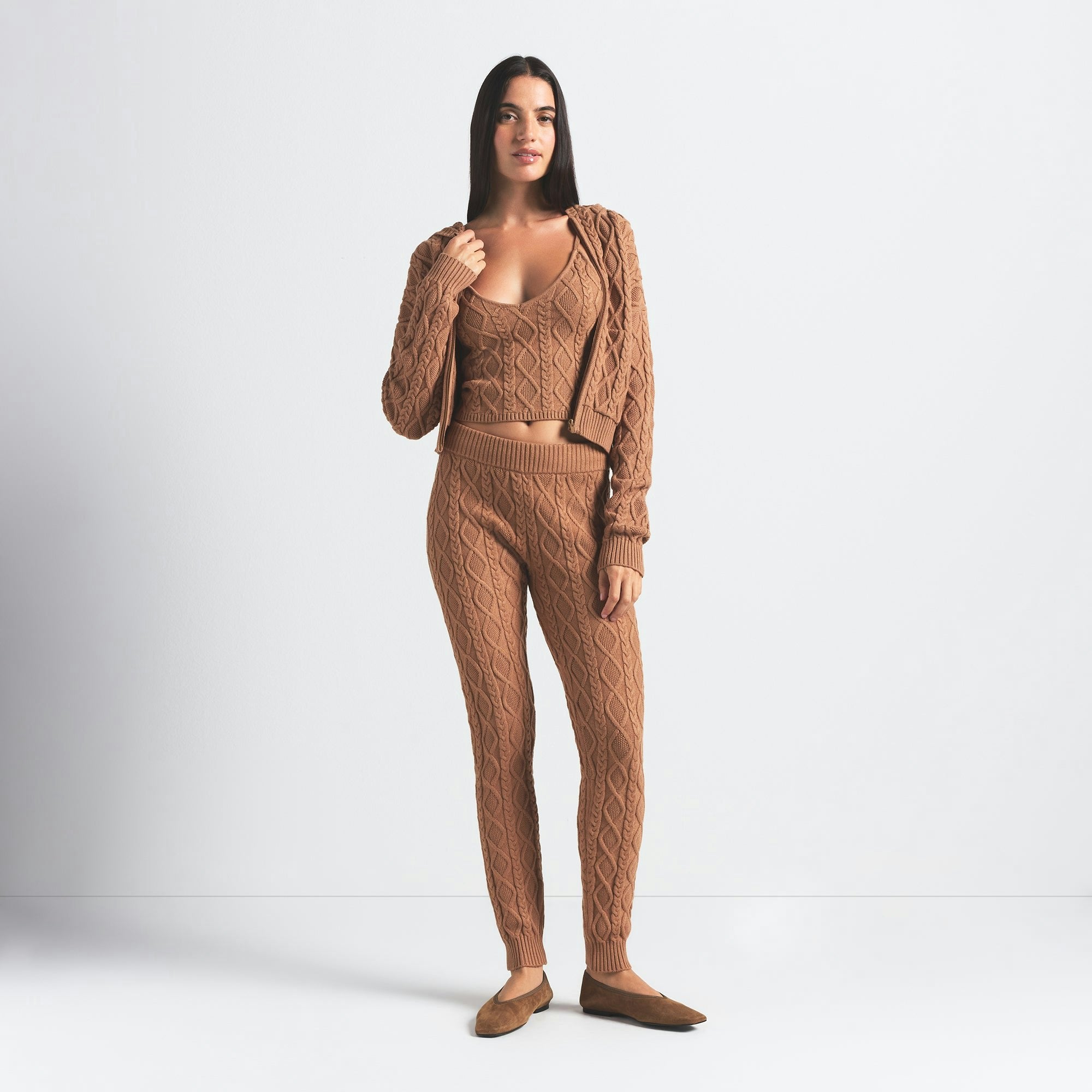 Skims Sweater Knits Cable Knit Shrunken Zip Up Hoodie Dark Honey