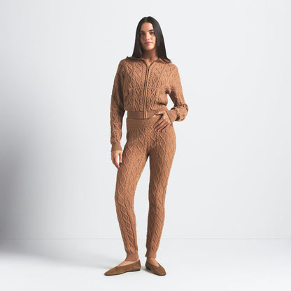 Skims Sweater Knits Cable Knit Shrunken Zip Up Hoodie Dark Honey