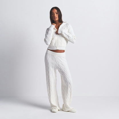 Skims Sweater Knits Cable Knit Shrunken Zip Up Hoodie Ivory