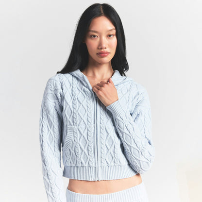 Skims Sweater Knits Cable Knit Shrunken Zip Up Hoodie Zen Blue