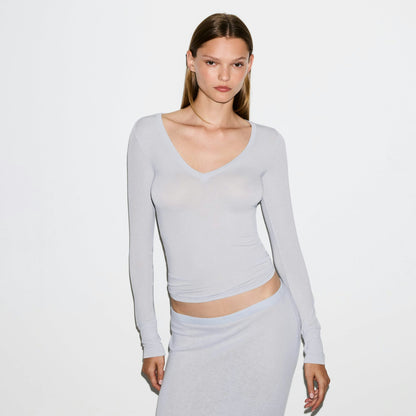 Skims Sheer Modal Long Sleeve V Neck Mist