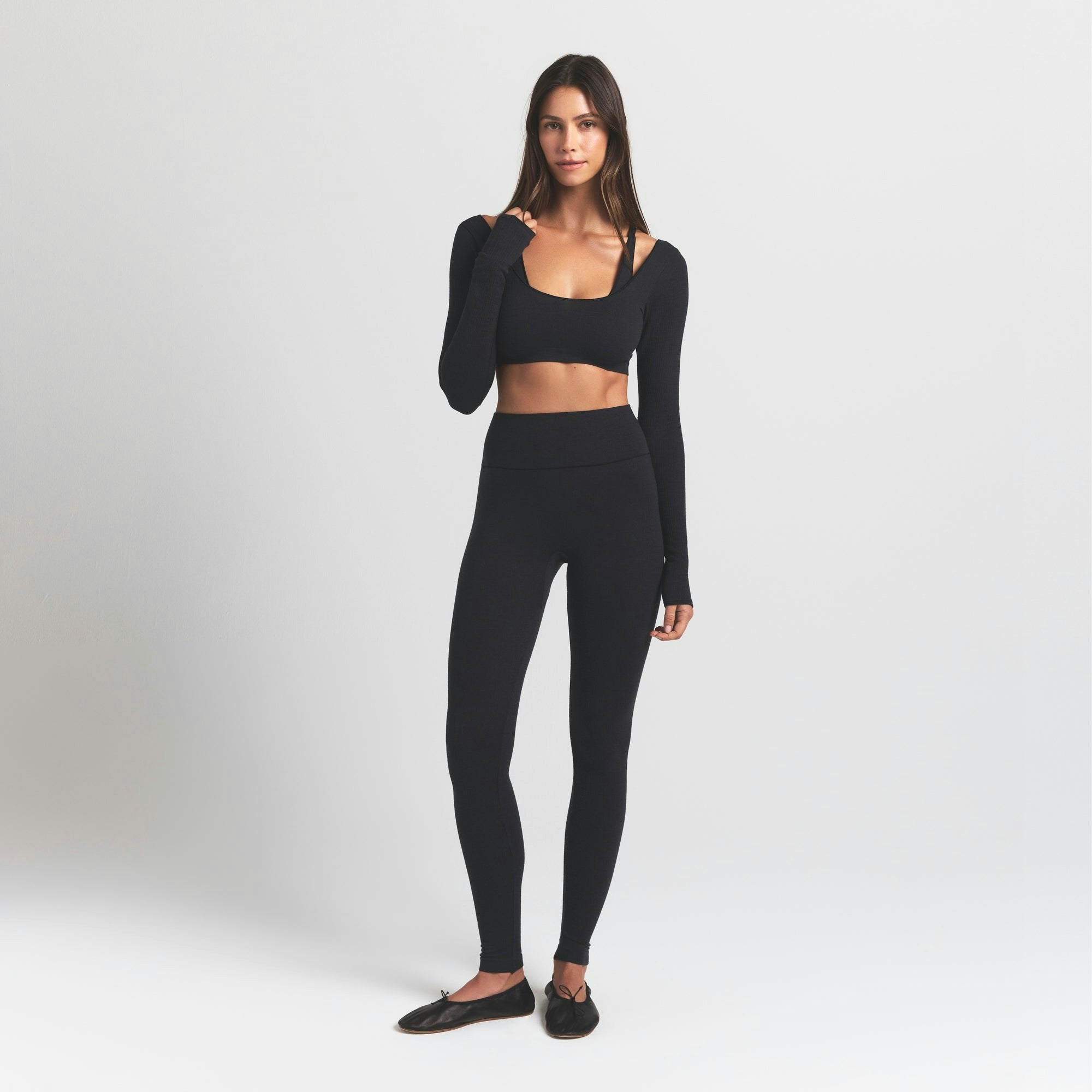 Skims Wool Rib Long Sleeve Super Cropped Top Obsidian