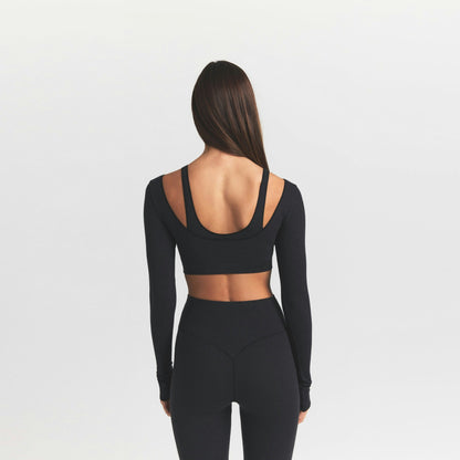 Skims Wool Rib Long Sleeve Super Cropped Top Obsidian