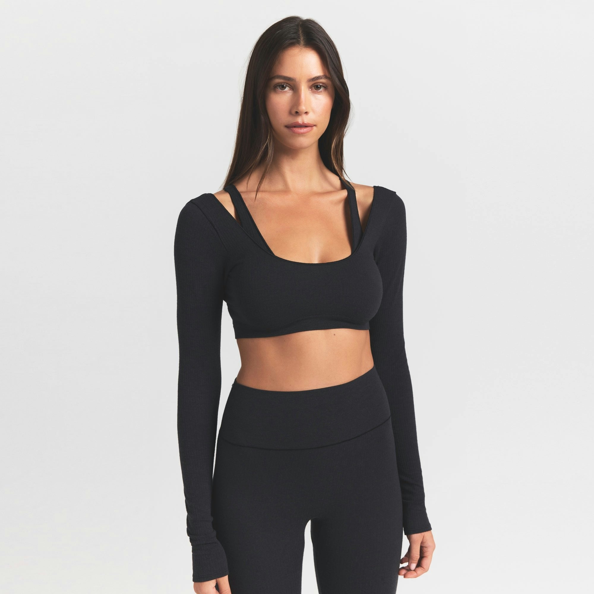 Skims Wool Rib Long Sleeve Super Cropped Top Obsidian
