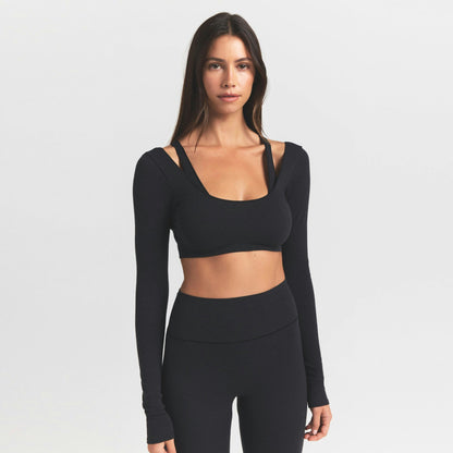 Skims Wool Rib Long Sleeve Super Cropped Top Obsidian