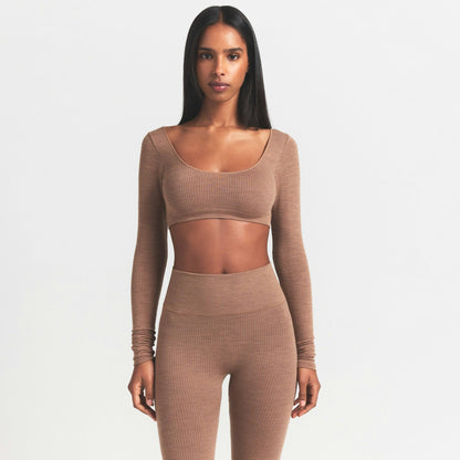 Skims Wool Rib Long Sleeve Super Cropped Top Sienna