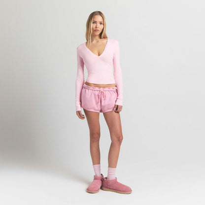 Skims Cotton Jersey Long Sleeve Plunge Top Cherry Blossom