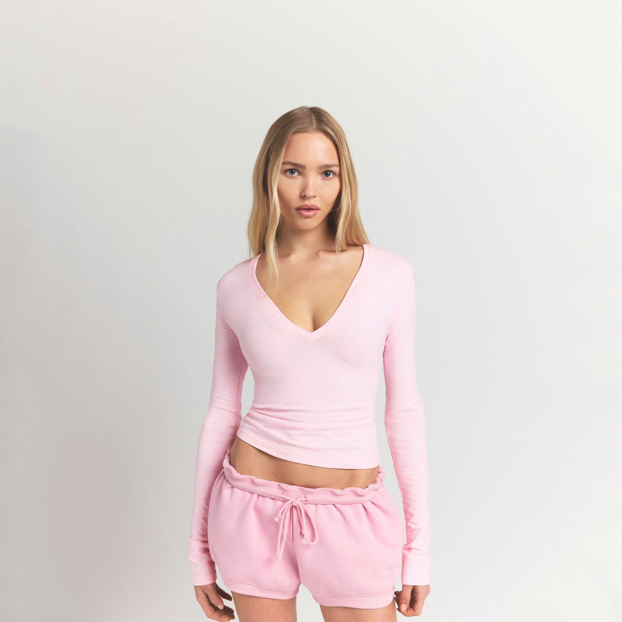 Skims Cotton Jersey Long Sleeve Plunge Top Cherry Blossom
