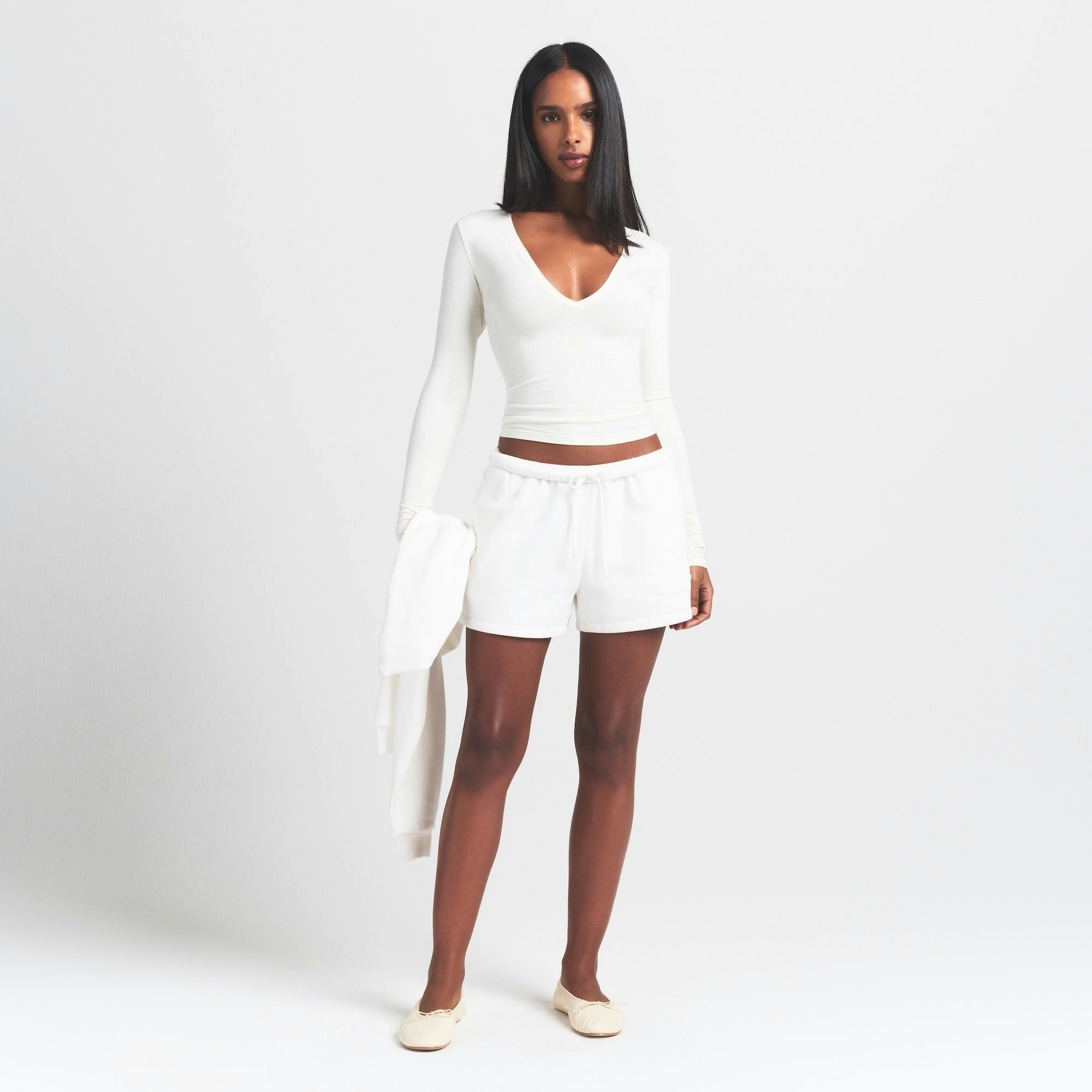 Skims Cotton Jersey Long Sleeve Plunge Top Marble