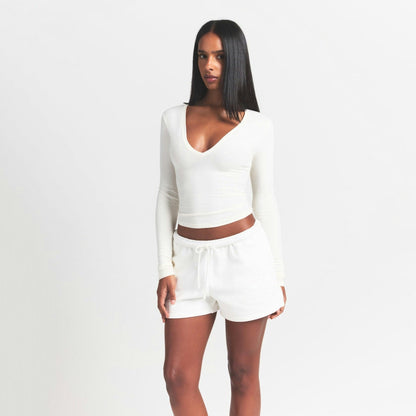 Skims Cotton Jersey Long Sleeve Plunge Top Marble