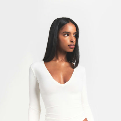 Skims Cotton Jersey Long Sleeve Plunge Top Marble