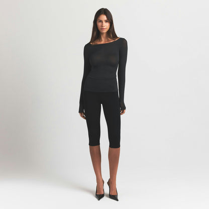 Skims Sheer Modal Long Sleeve Boatneck Top Onyx