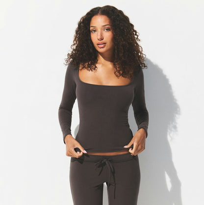 COTTON JERSEY SCOOP NECK LONG SLEEVE TOP