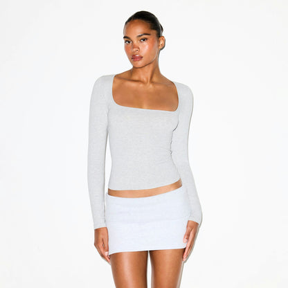 Skims Cotton Jersey Scoop Neck Long Sleeve Top Light Heather Grey