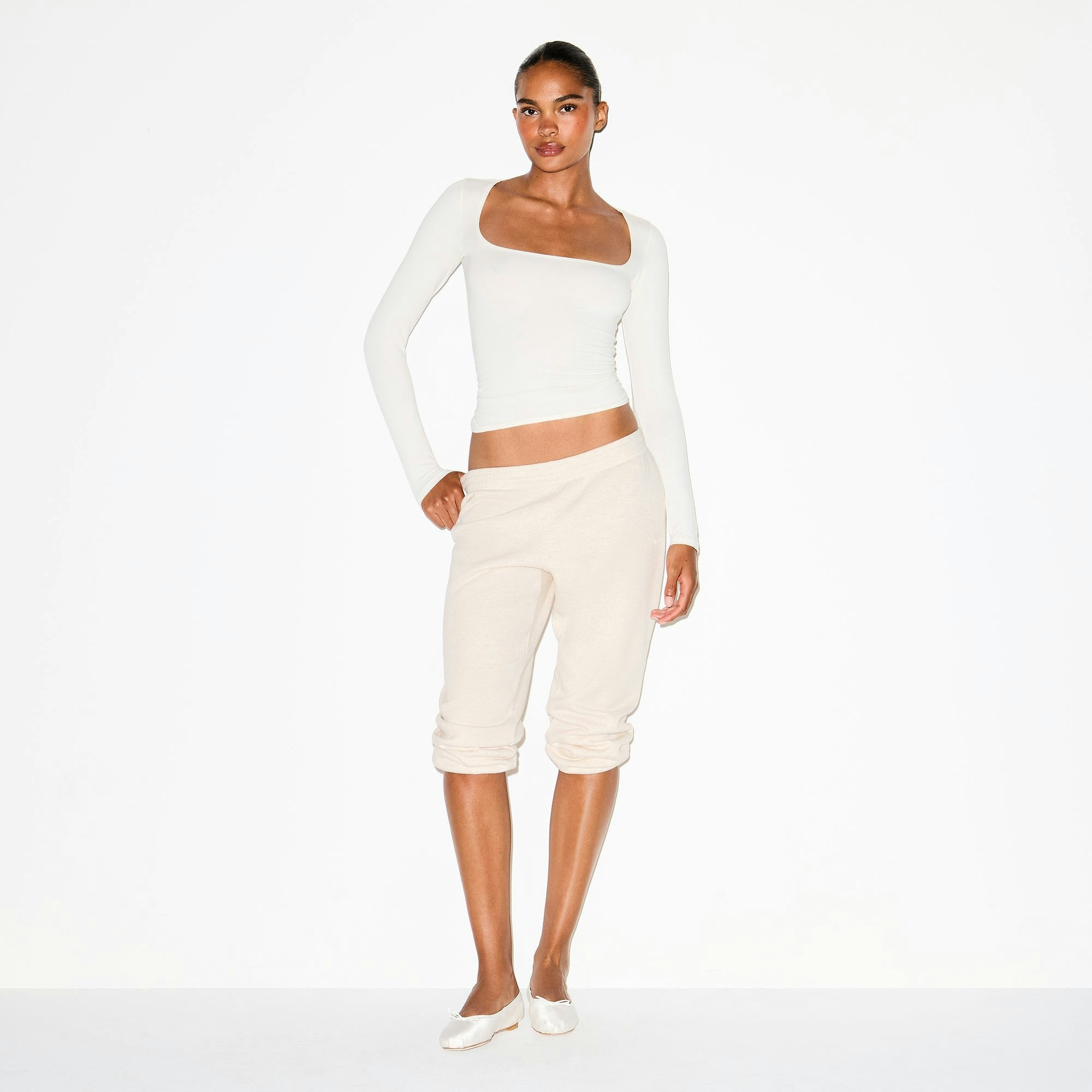 Skims Cotton Jersey Scoop Neck Long Sleeve Top Marble
