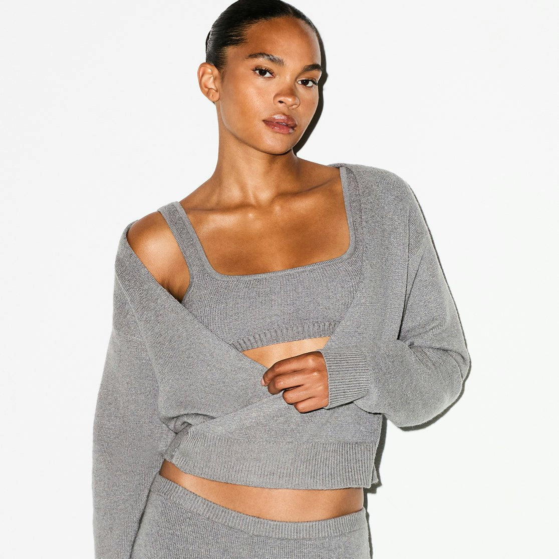 Skims Textured Knit Wrap Sweater Dark Heather Grey