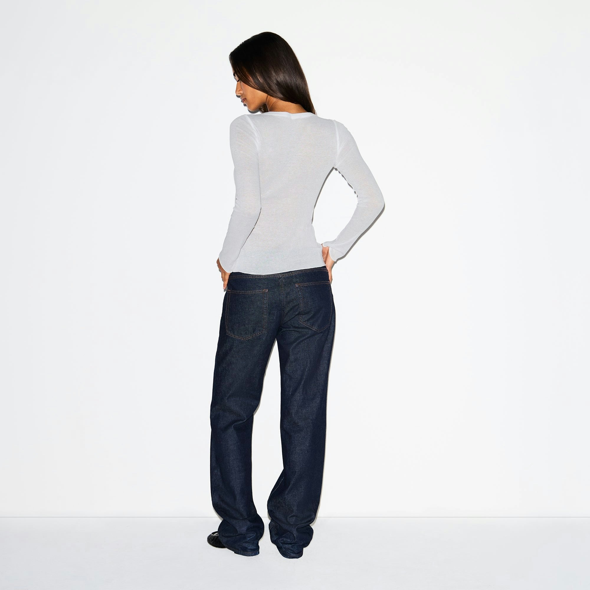 Skims Sheer Rib Long Sleeve Crew Neck Top Light Heather Grey