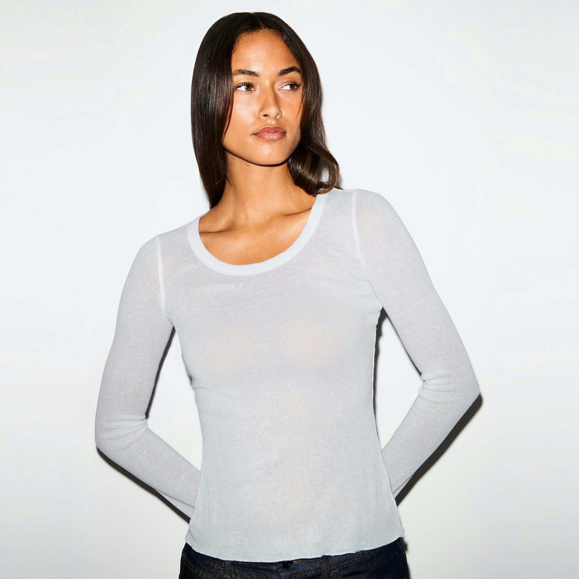 Skims Sheer Rib Long Sleeve Crew Neck Top Light Heather Grey