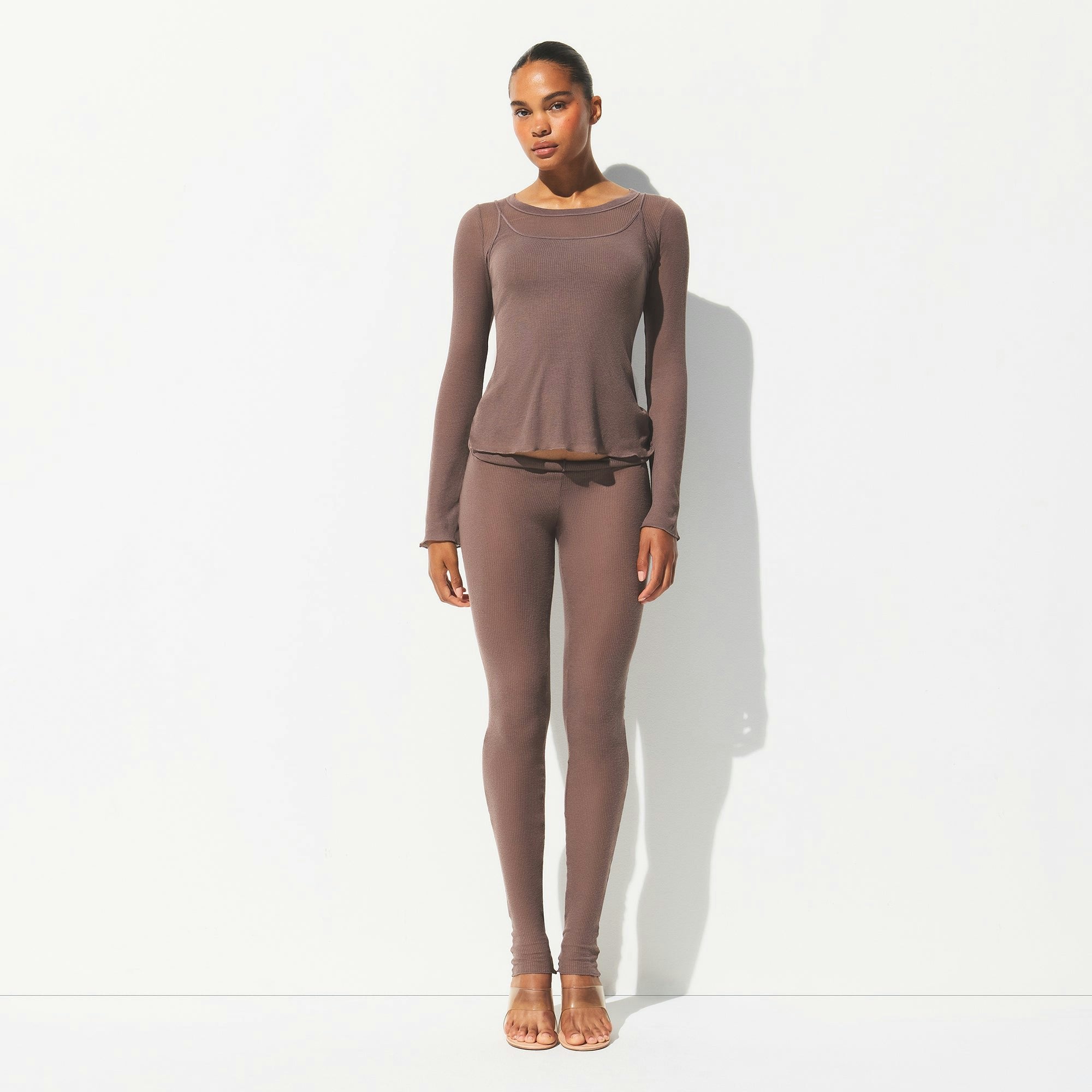 SHEER RIB LONG SLEEVE CREW NECK TOP