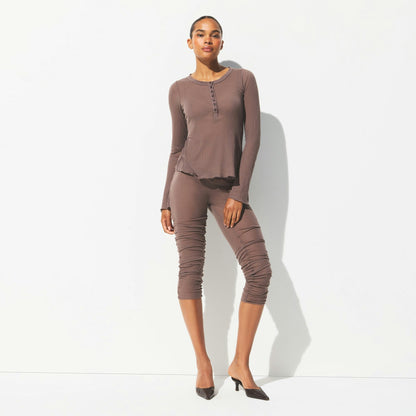 Skims Sheer Rib Long Sleeve Henley Pewter