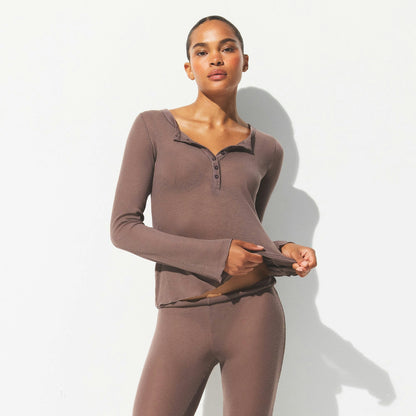 Skims Sheer Rib Long Sleeve Henley Pewter