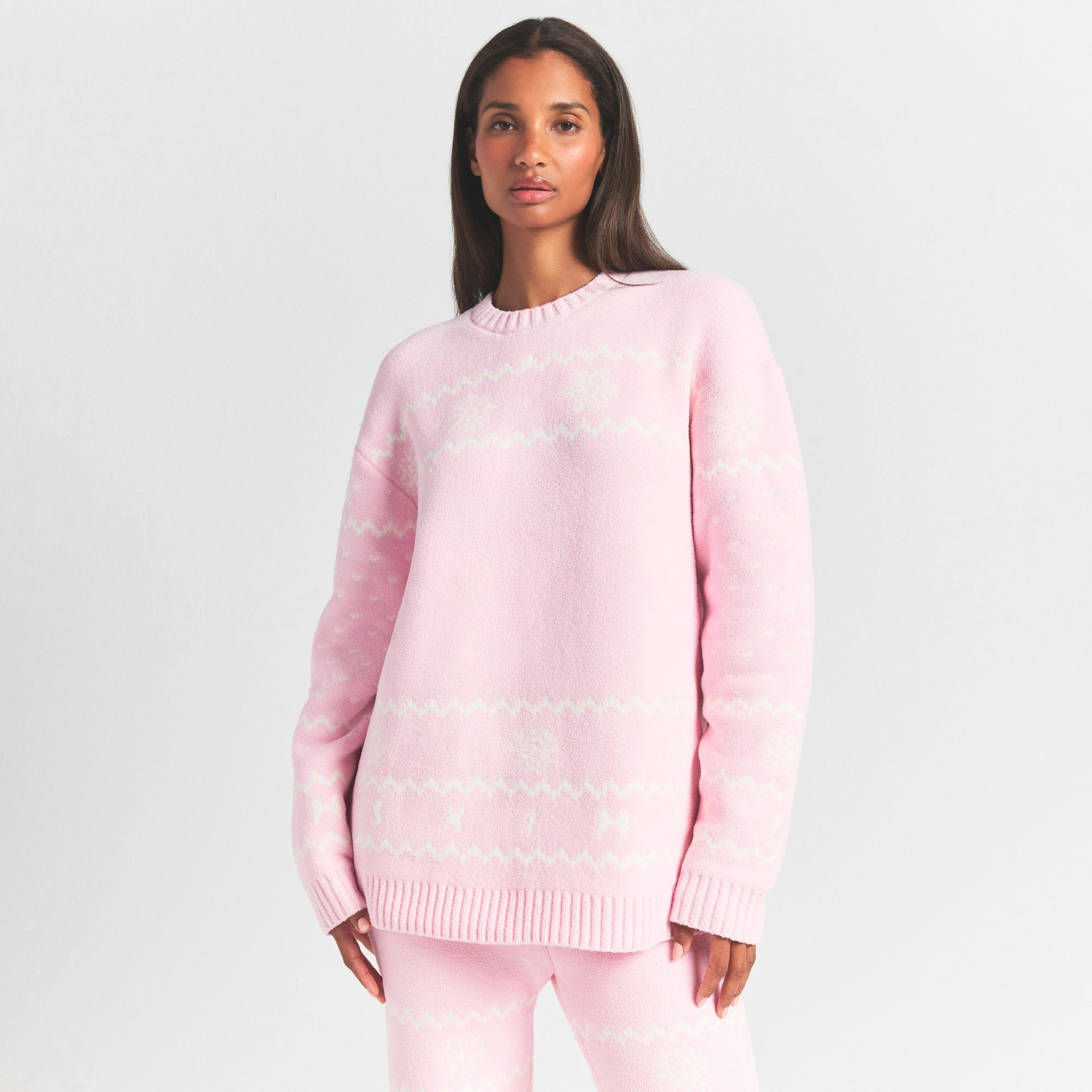 Skims Cozy Light Crewneck Pullover Baby Pink Heart Fair Isle