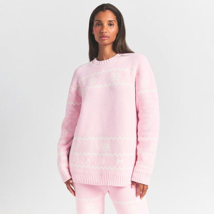 Skims Cozy Light Crewneck Pullover Baby Pink Heart Fair Isle
