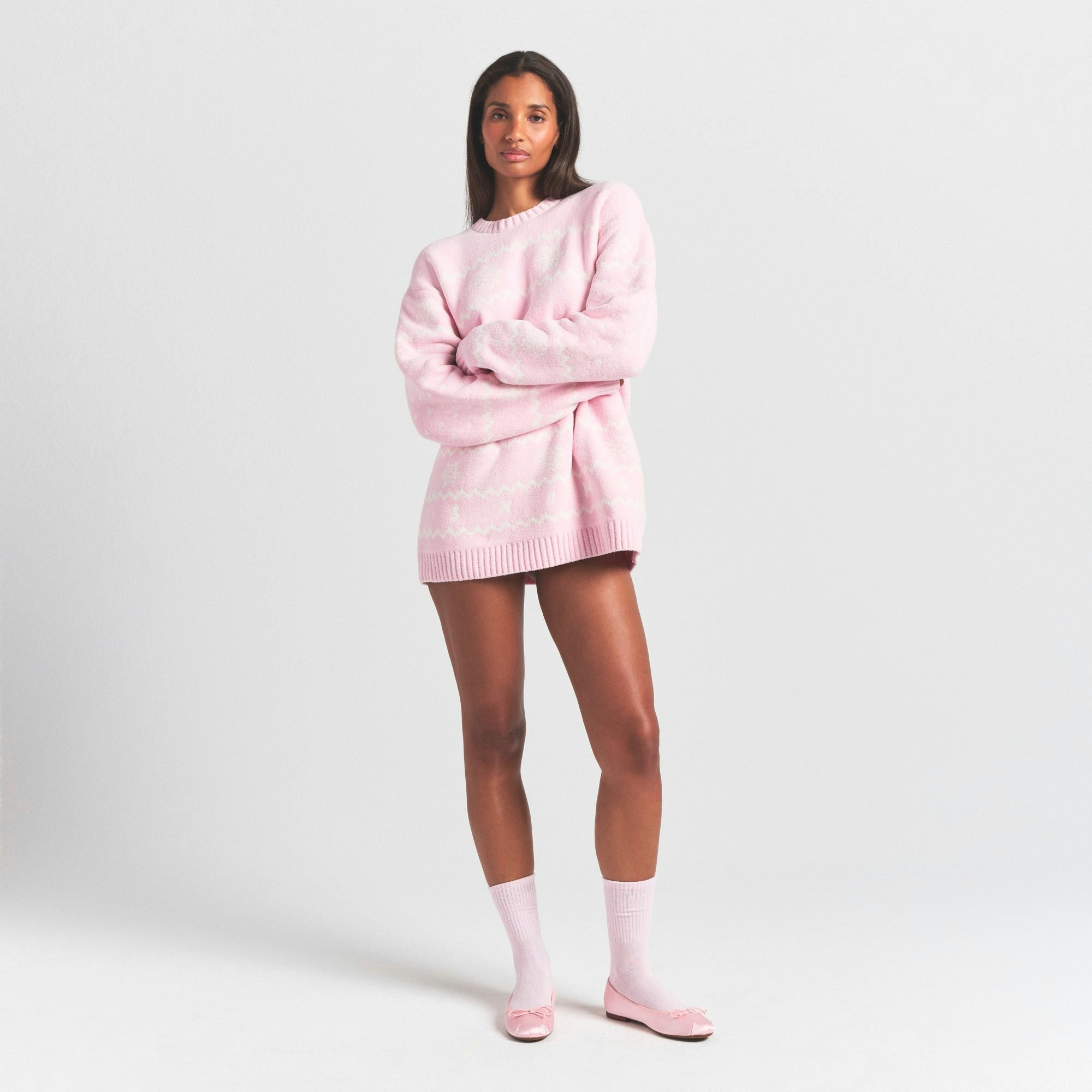 Skims Cozy Light Crewneck Pullover Baby Pink Heart Fair Isle