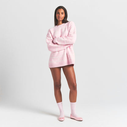 Skims Cozy Light Crewneck Pullover Baby Pink Heart Fair Isle