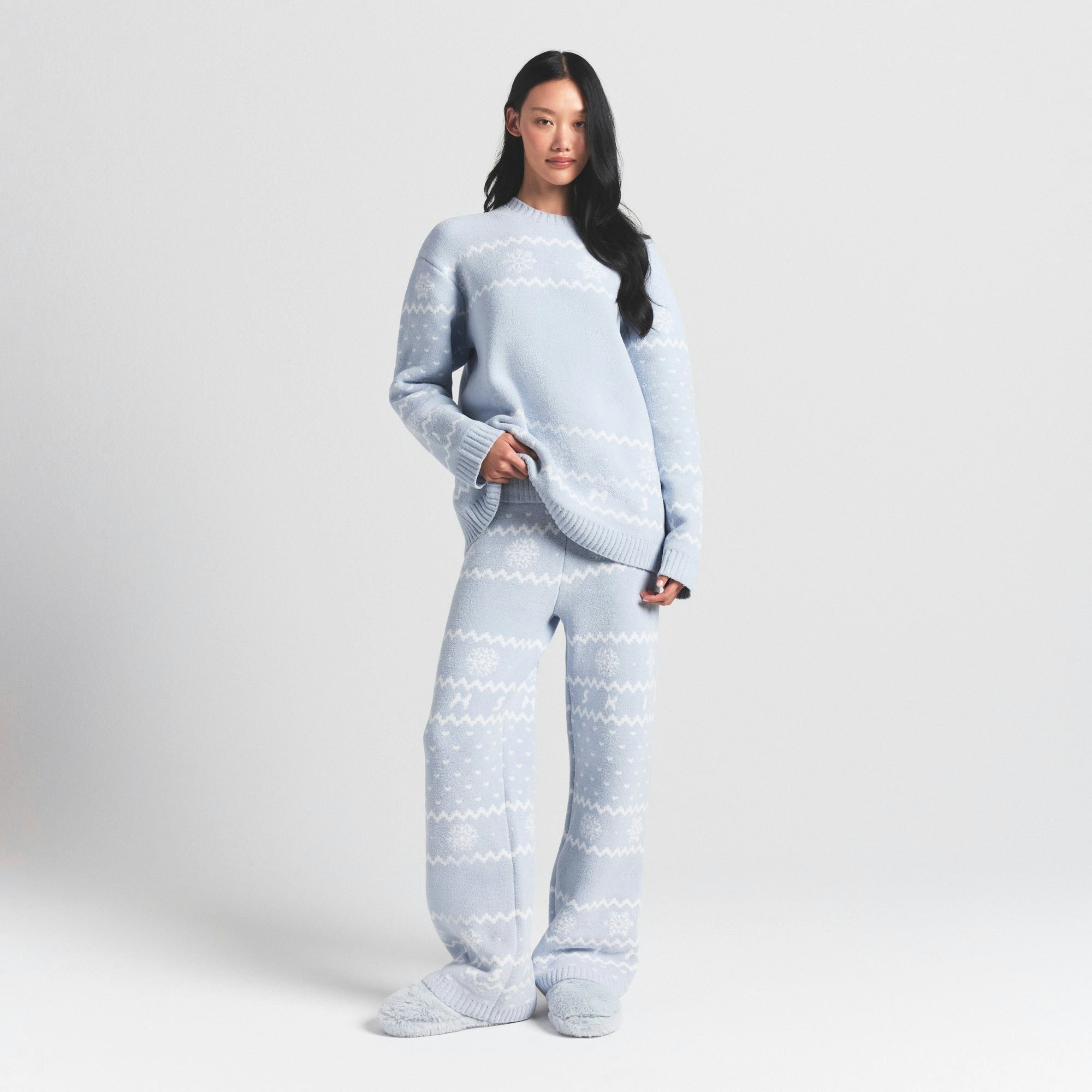 Skims Cozy Light Crewneck Pullover Zen Blue Heart Fair Isle