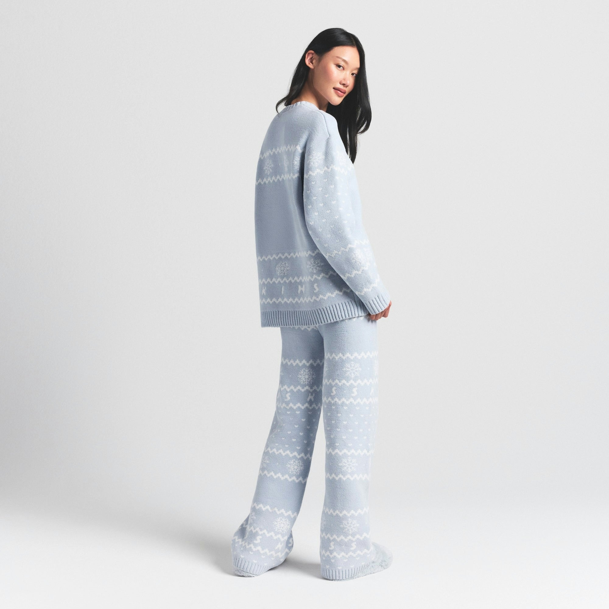 Skims Cozy Light Crewneck Pullover Zen Blue Heart Fair Isle