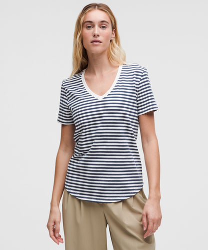 Lululemon Love V-Neck T-Shirt Narrow Bold Stripe Club Blue White