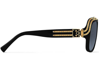 Louis Vuitton 1.0 Millionaires Sunglasses Black, three-quarter view showing temple and LV hardware