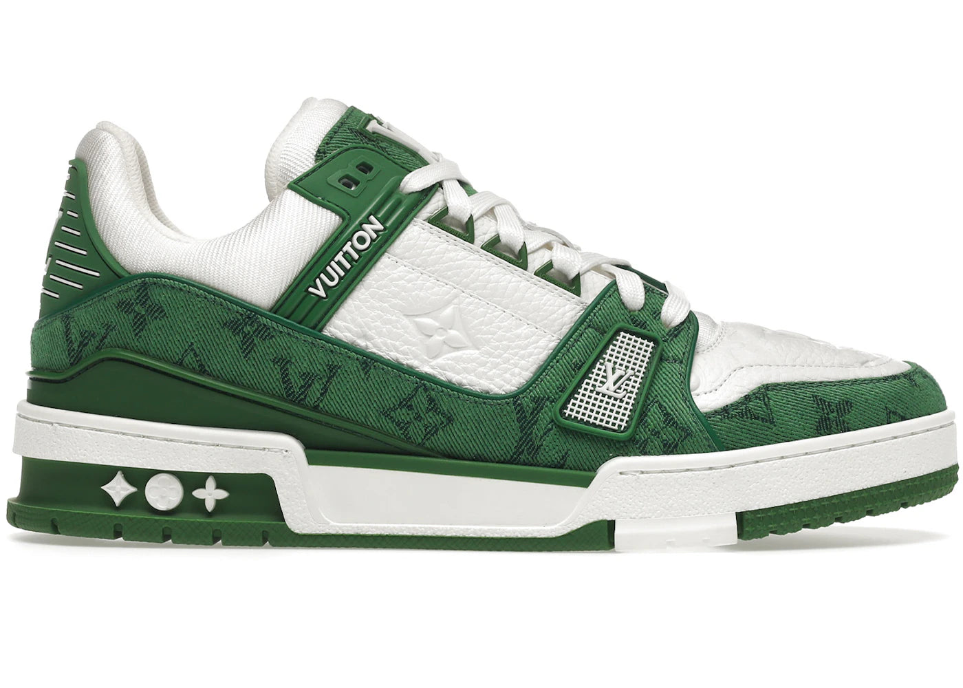 louis vuitton trainer green monogram denim white