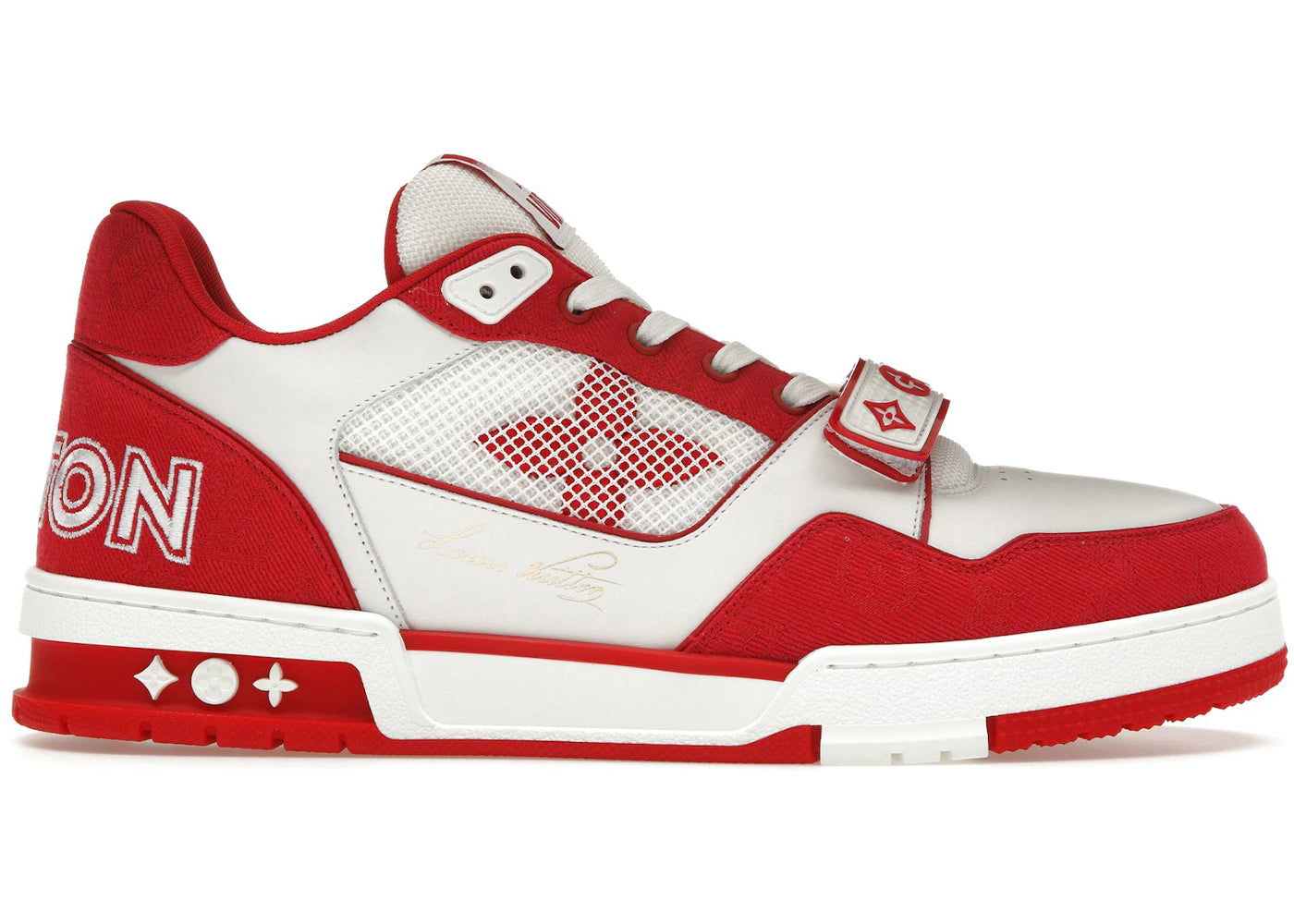 louis vuitton trainer red monogram denim