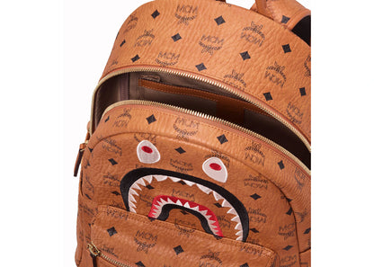 mcm x bape shark stark backpack visetos cognac 