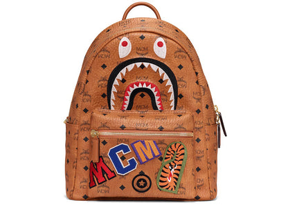 Mcm X Bape Shark Stark Backpack Visetos Cognac