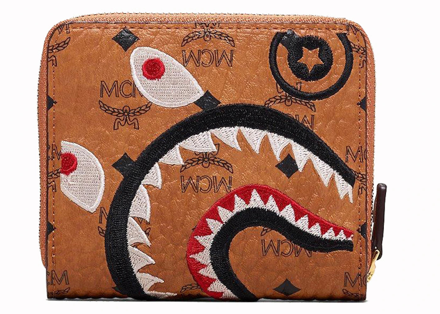 mcm x bape shark zip wallet visetos mini cognac