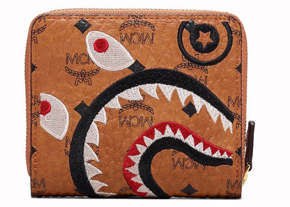 mcm x bape shark zip wallet visetos mini cognac