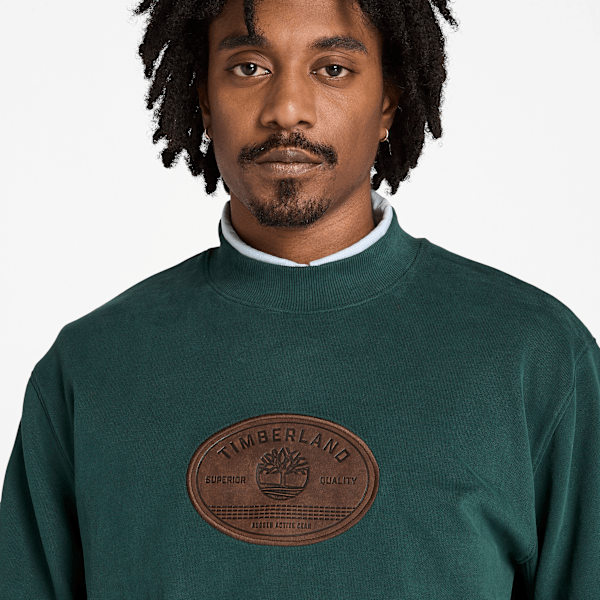 Timberland Leather Badge Crewneck Sweatshirt Dark Forest Green Men'S