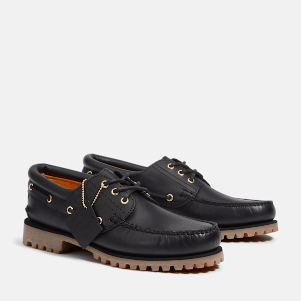 Timberland Authentic 3-Eye Lug Handsewn Boat Shoe Black Full-Grain Men'S