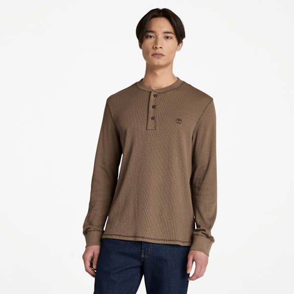 Timberland Wharf River Waffle Henley Long-Sleeve Polo Shirt Chocolate Chip Men'S