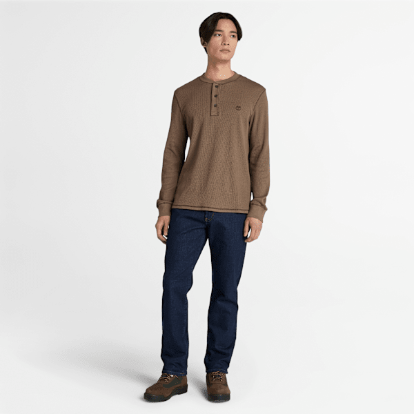 Timberland Wharf River Waffle Henley Long-Sleeve Polo Shirt Chocolate Chip Men'S