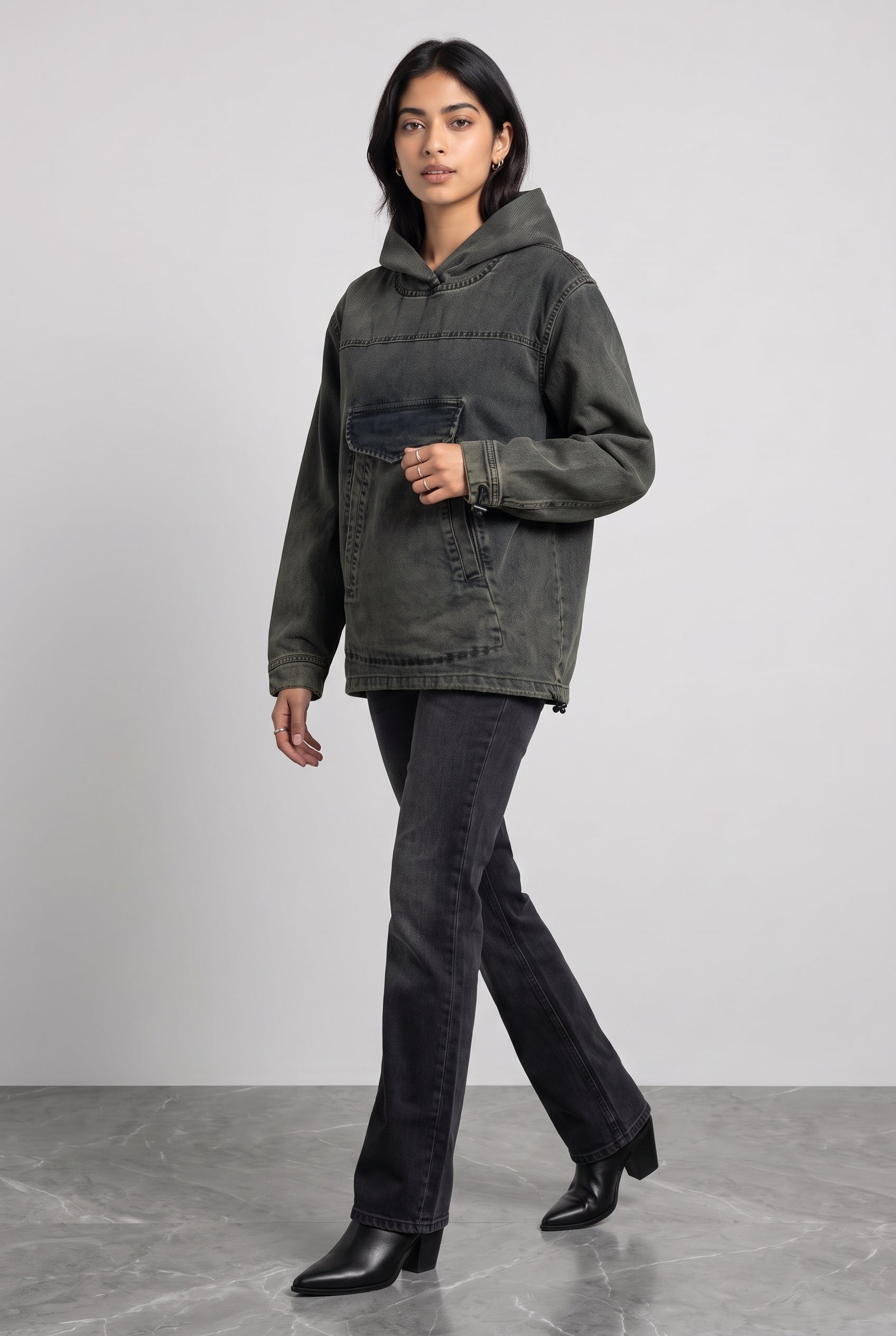 ACID WASH DENIM WOMEN'S HOODIE