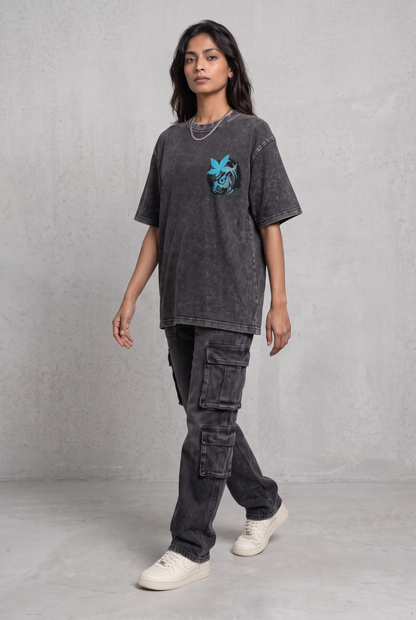 OWL VISION DARK GREY ACIDWASH WOMEN’S OVERSIZED T-SHIRT