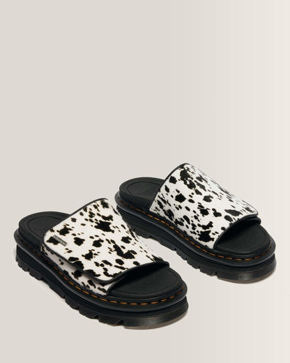 Dr Martens Zebzag Dalmatian Hair On Leather Platform Slides - Cream+Black