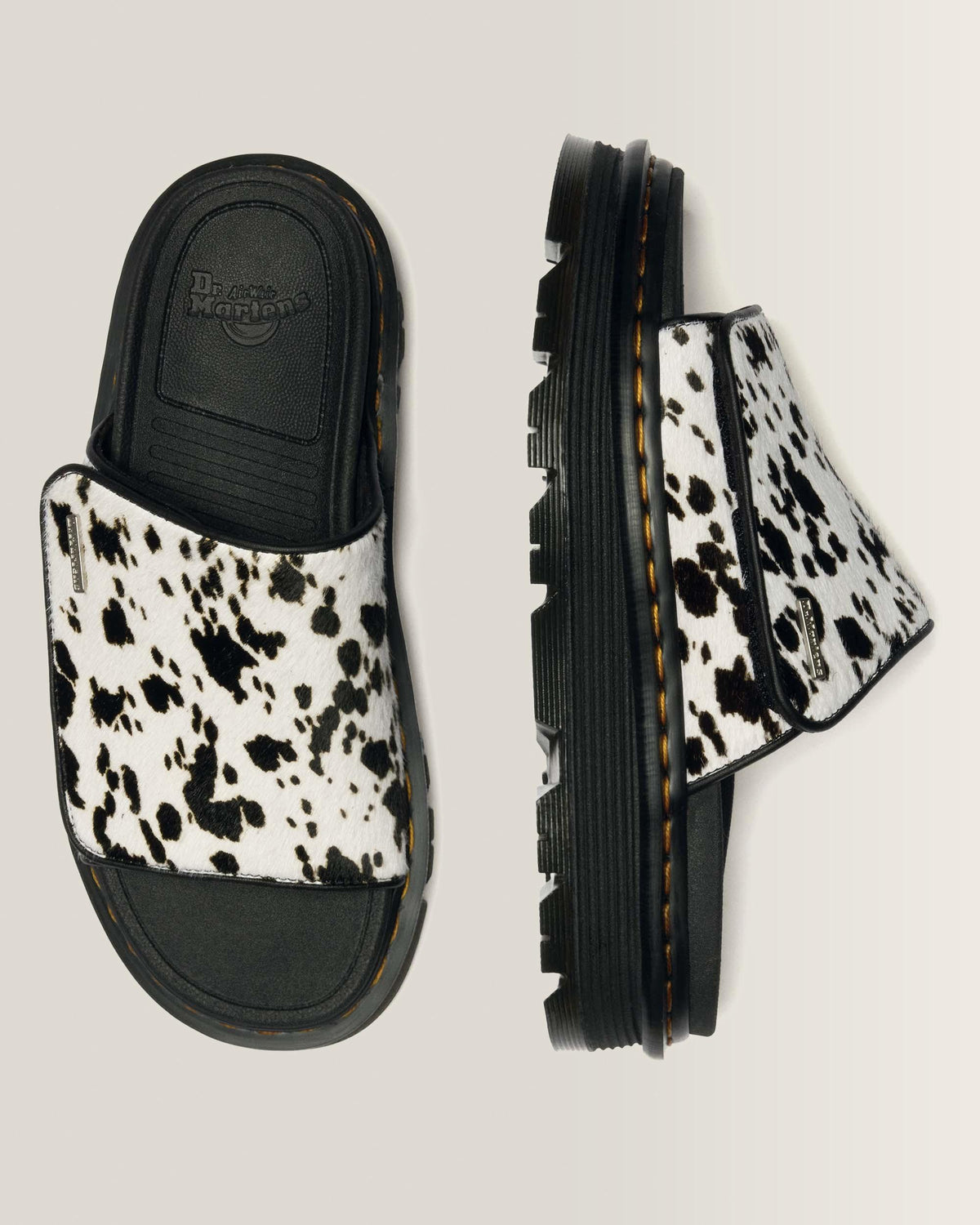 Dr Martens Zebzag Dalmatian Hair On Leather Platform Slides - Cream+Black