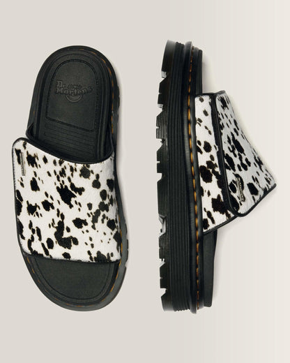 Dr Martens Zebzag Dalmatian Hair On Leather Platform Slides - Cream+Black