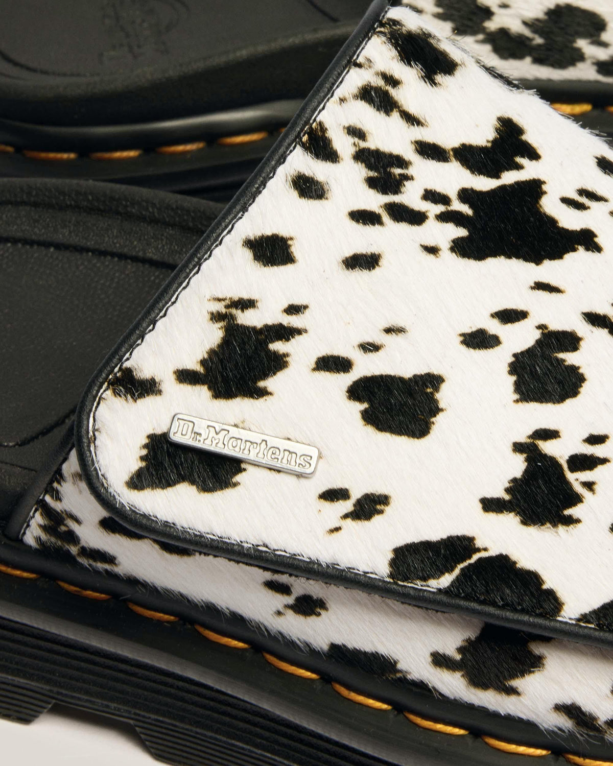 Dr Martens Zebzag Dalmatian Hair On Leather Platform Slides - Cream+Black